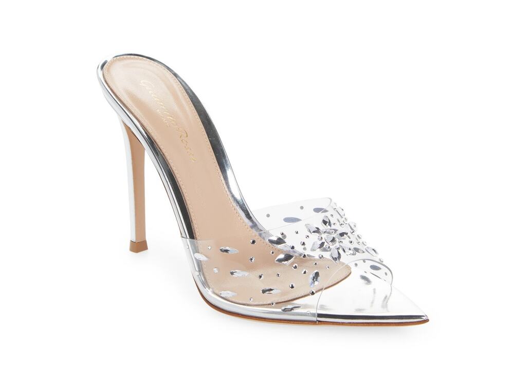 Gianvito Rossi Sleek Trasp Silver Crystal Embellished Slide Sandals Size EU